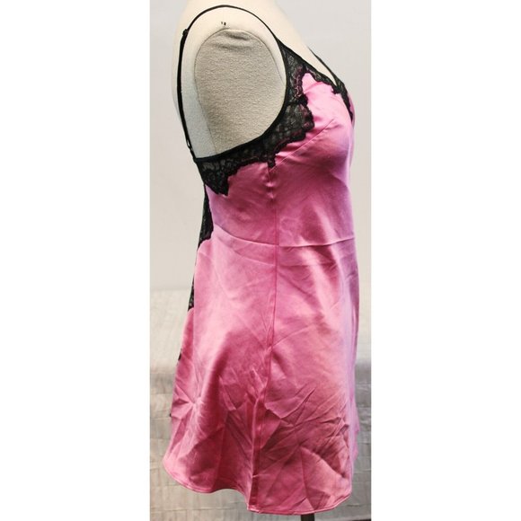 Victoria's Secret Pink Satin Black Lace Chemise Negligee sz S Lingerie Slit - Picture 2 of 6